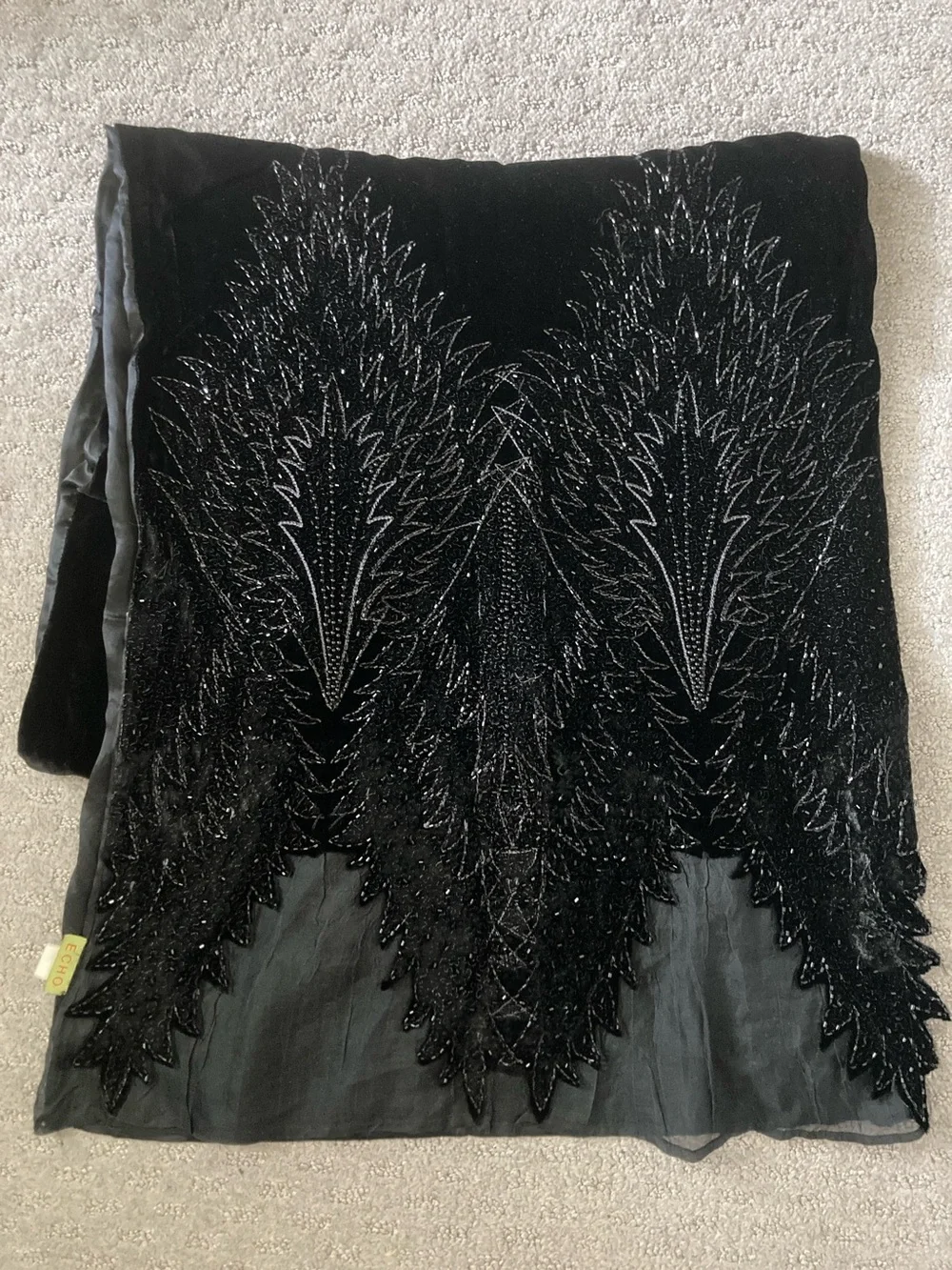 Vintage Echo black beaded silk satin & velvet scarf.